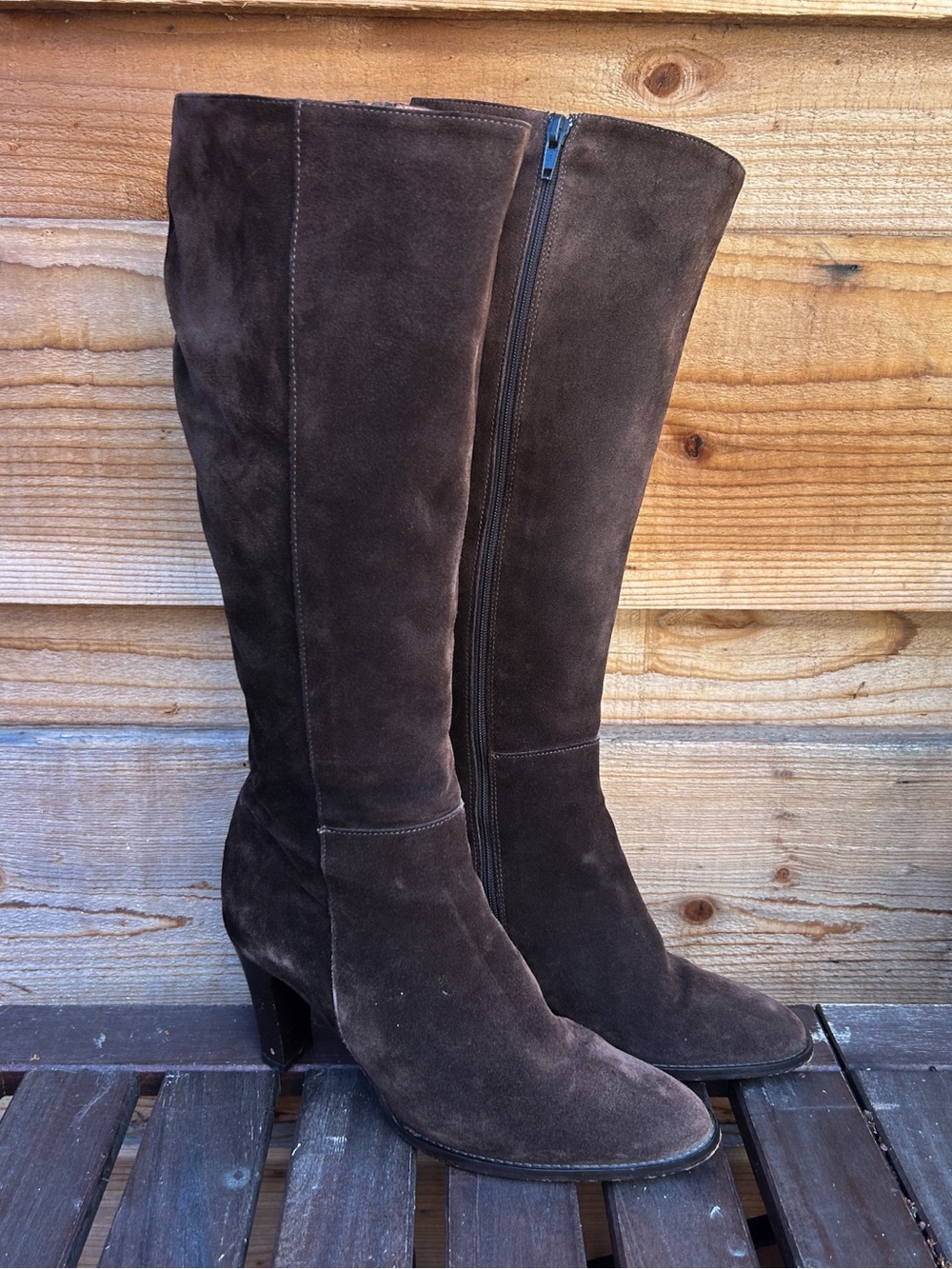 Vintage 90s J. Crew Classic Chocolate Brown Knee-High Heeled Suede Boots Size 7